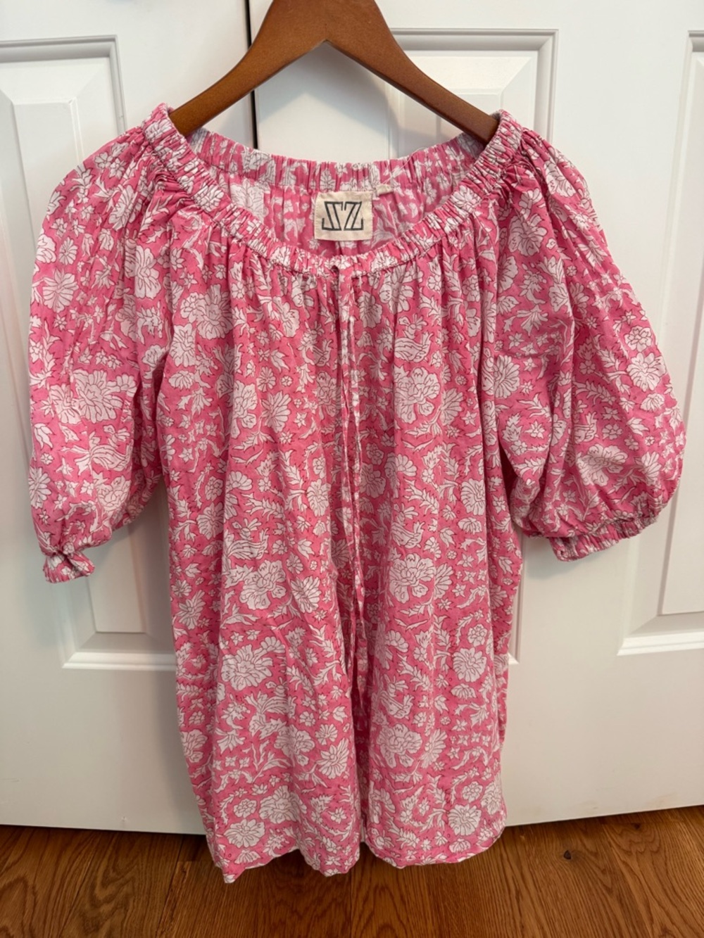 SZ BlockPrints Pink Nila Block Print Floral Gathered Top Puff Sleeve Size M